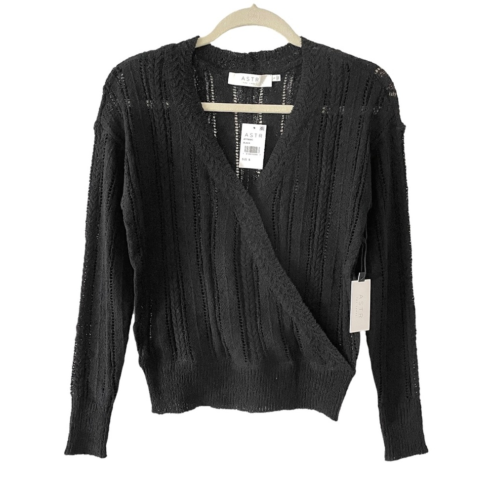 ASTR Wrap Front Pointelle Sweater Long Sleeve Black Size S NWT